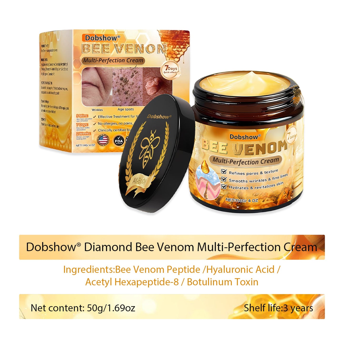 Dobshow® Diamond Bee Venom Multi-Perfection Cream - Dermatologically tested and recommended by dermatologists. Effective help for stubborn warts, skin lumps, lesions, infections and scars. (Extra large Size 50g > 114g)
